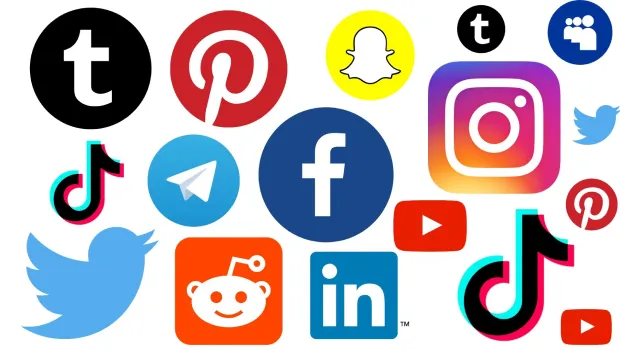 A collection of social media app logos, including Snapchat, Facebook, and Instagram.